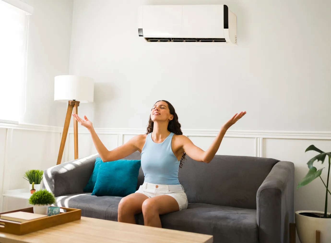 A bright living room with an air conditioner
